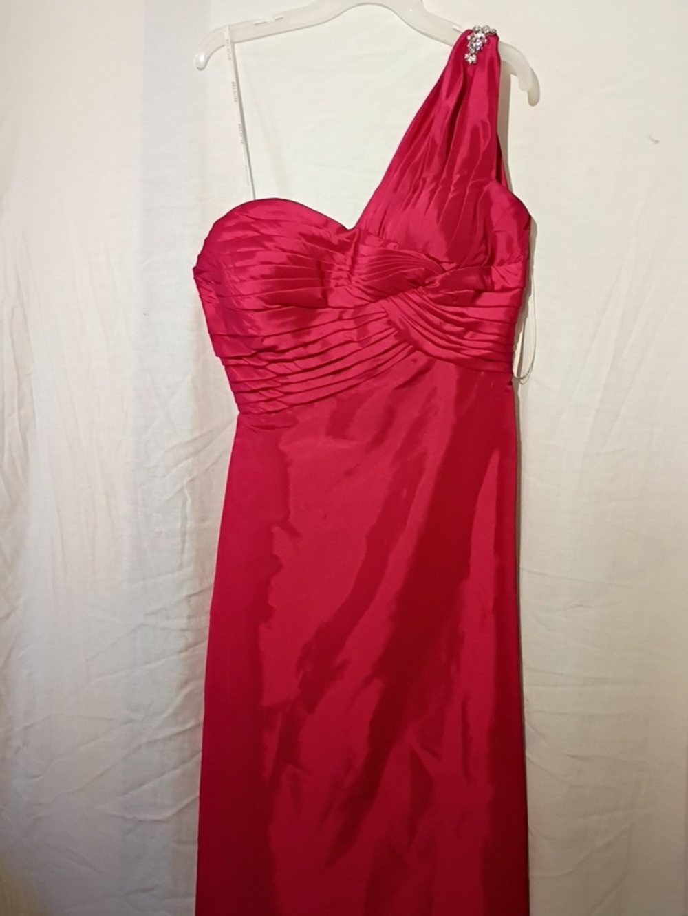 One-Shoulder Fuchsia Evening Gown, Beaded  Satin, Belsoie, Sz 6, NWOT
